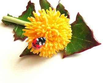 Dandelion Brooch: Handmade Polymer Clay Dandelion & Ladybug Floral Pin