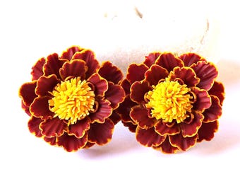 Marigold Earrings: Handmade Polymer Clay Statement Flower Jewelry, Fall Floral Jewellery