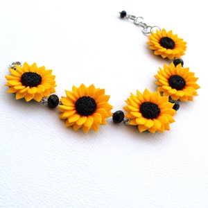 Sunflower Bracelet: Handmade Polymer Clay Floral Bridesmaid Jewelry, Yellow Flower Jewellery