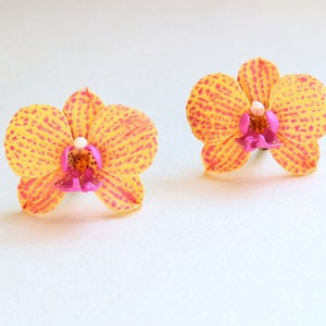 Orchid earrings spotted orchid yellow orchid jewelry polymer clay jewelry pink orchid earrings yellow jewelry floral jewelry flower earrings