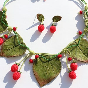 Raspberry Necklace and Earrings Set: Handmade Polymer Clay Realistic Raspberry Jewelry, Green Cotton Cord