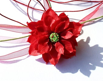 Poinsettia pendant Poinsettia brooch polymer clay jewelry Poinsettia necklace Poinsettia big pin floral jewelry flower pendant flower brooch