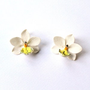 Orchid earrings orchid clip orchid stud orchid post white orchid jewelry polymer clay jewelry white jewelry floral jewelry flower earrings