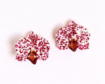 Orchid earrings spotted orchid white orchid jewelry polymer clay jewelry burgundy orchid earrings floral jewelry flower earrings clay orchid