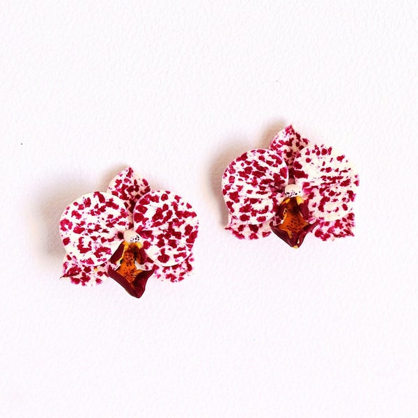 Orchid earrings spotted orchid white orchid jewelry polymer clay jewelry burgundy orchid earrings floral jewelry flower earrings clay orchid