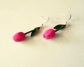 Tulip earrings hot pink tulip jewelry polymer clay jewelry pink flowers gift for her pink jewelry floral jewelry flower earrings pink tulip