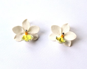 Orchid earrings orchid clip orchid stud orchid post white orchid jewelry polymer clay jewelry white jewelry floral jewelry flower earrings