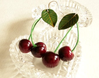 Cherry earrings red cherry dark red cherry earrings cherry jewelry polymer clay jewelry gift for her berry jewelry Double Cherry Earrings