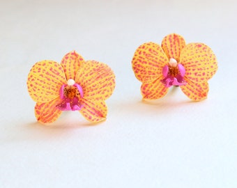 Orchid earrings spotted orchid yellow orchid jewelry polymer clay jewelry pink orchid earrings yellow jewelry floral jewelry flower earrings