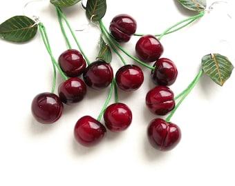 Cherry earrings: Polymer clay Realistic Dark Red Cherry Statement Jewelry