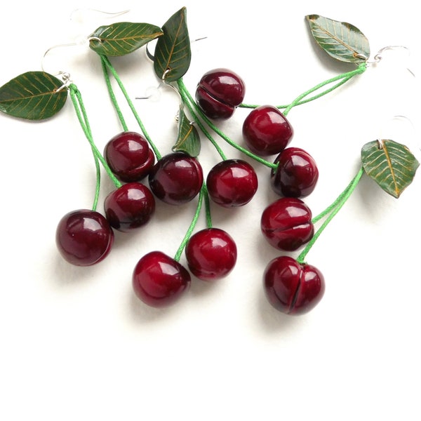 Cherry earrings: Polymer clay Realistic Dark Red Cherry Statement Jewelry