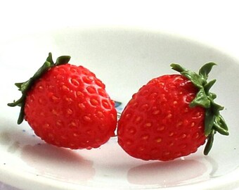 Strawberry Stud: Handmade Polymer Clay Tiny Berry Earrings, Realistic Strawberry Jewelry, Sterling Silver Option