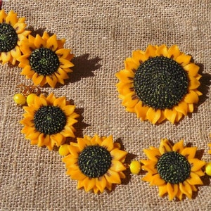 Sunflower Jewelry Set: Polymer Clay Bracelet, Earrings & Brooch-Pendant