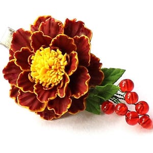 Marigold Barrette: Handmade Polymer Clay Floral Hair Clip with Red Beads