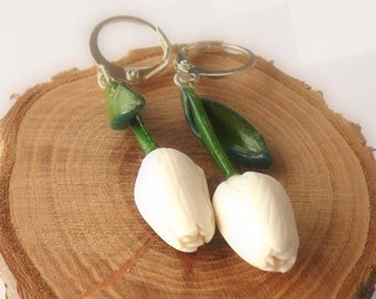 Tulip earrings silver plated earrings white tulip jewelry polymer clay jewelry gift for her white jewelry floral jewelry wedding jewelry