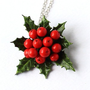 Christmas jewelry holly brooch holly pendant holly berry pin Christmas brooch holly berry jewelry polymer clay jewelry holly berry necklace