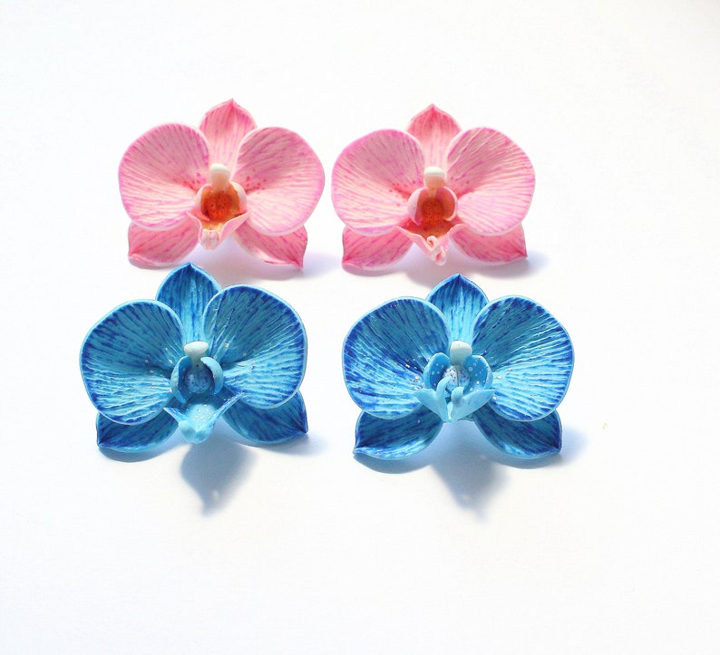 Orchid earrings pink orchid jewelry polymer clay jewelry blue orchid gift for her pink jewelry floral jewelry flower earrings blue jewelry image 8