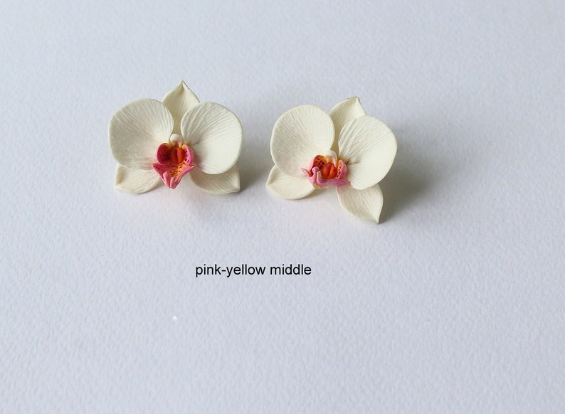 Orchid earrings white orchid jewelry polymer clay jewelry white flower white jewelry floral jewelry flower earrings orchid floral jewelry pink-yellow