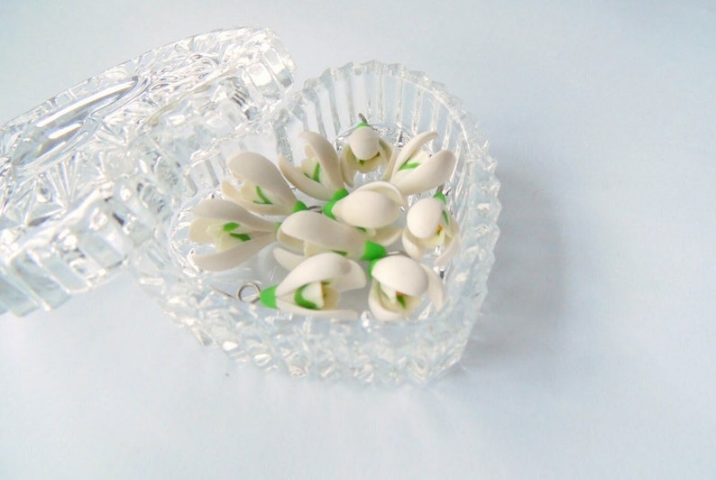 May include: A clear, heart-shaped crystal trinket box filled with small, white flower-shaped earrings. The earrings have green accents and are arranged inside the open box. The box is on a light blue surface.