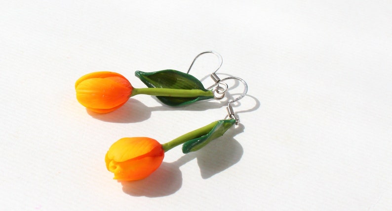 Tulip earrings yellow tulip jewelry polymer clay jewelry yellow flowers gift for her yellow jewelry green jewelry Christmas gift floral jewe image 1