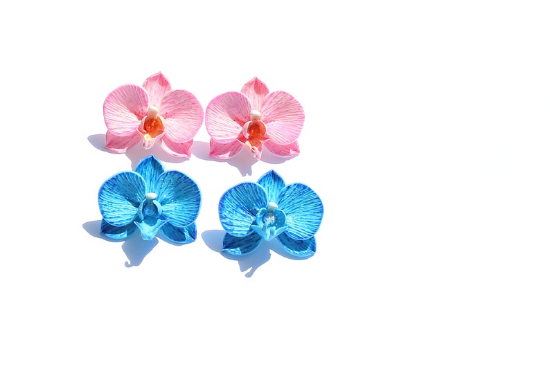 Orchid earrings pink orchid jewelry polymer clay jewelry blue orchid gift for her pink jewelry floral jewelry flower earrings blue jewelry image 2