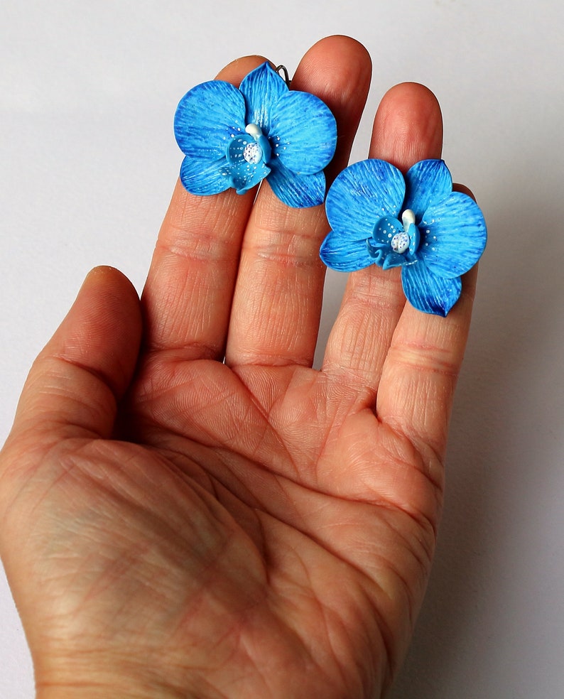 Orchid earrings pink orchid jewelry polymer clay jewelry blue orchid gift for her pink jewelry floral jewelry flower earrings blue jewelry image 4