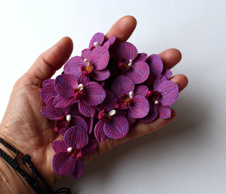 Orchid Charm: Handmade Polymer Clay Burgundy Flower Bead, DIY Flower Supplies (4cm, 1 3/8") image 6