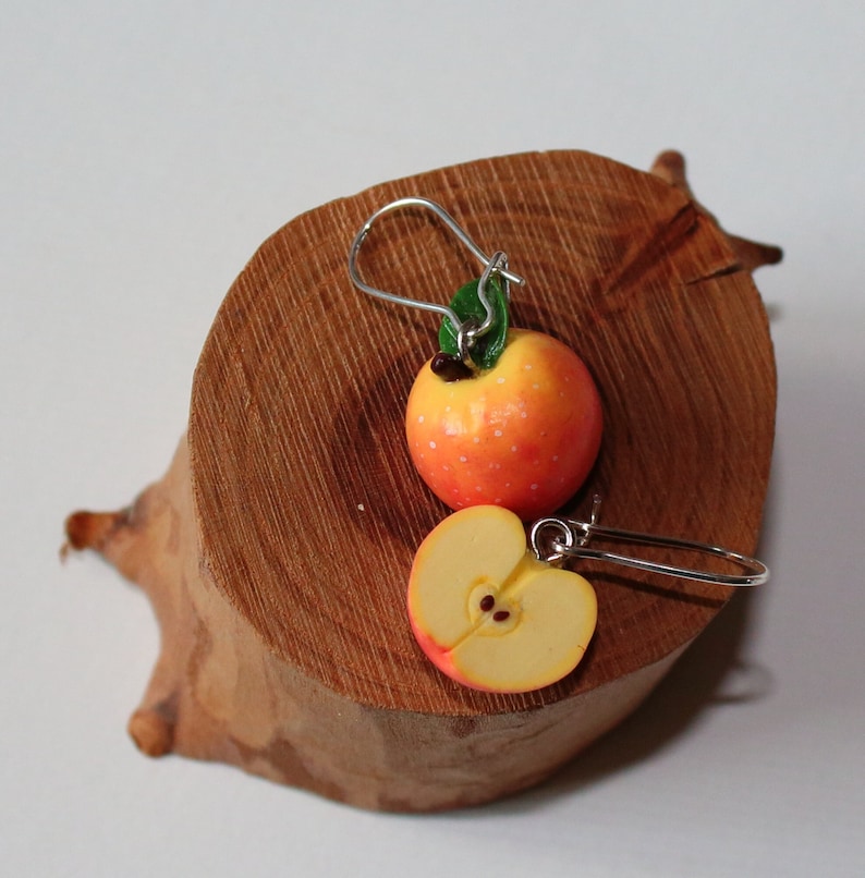 Apple earrings polymer clay jewelry gift for her fruit earrings fake food jewelry vegan jewelry apple jewelry red apple earrings funny earri image 1