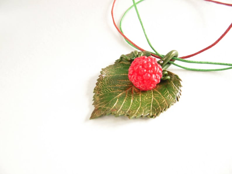 Raspberry Pendant Leaf Pendant Polymer Clay Jewelry Realistic Etsy