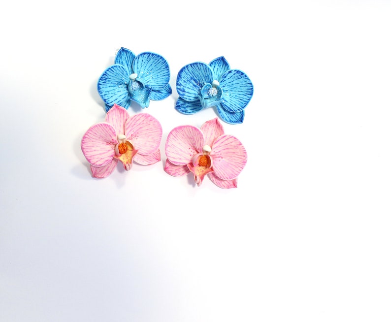 Orchid earrings pink orchid jewelry polymer clay jewelry blue orchid gift for her pink jewelry floral jewelry flower earrings blue jewelry image 6
