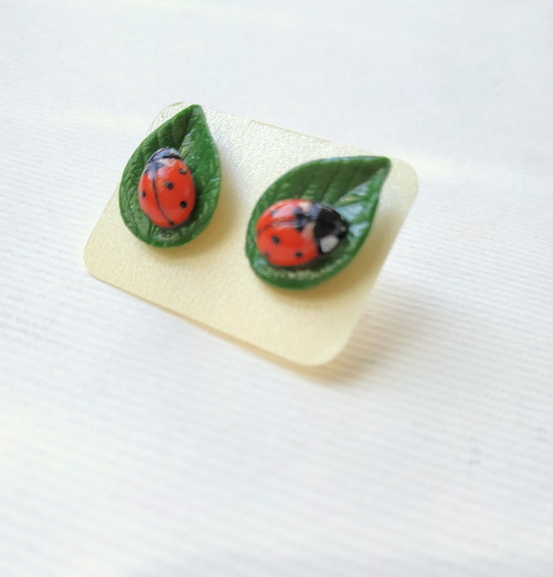 Ladybug earrings Sterling silver studs polymer clay jewelry Etsy