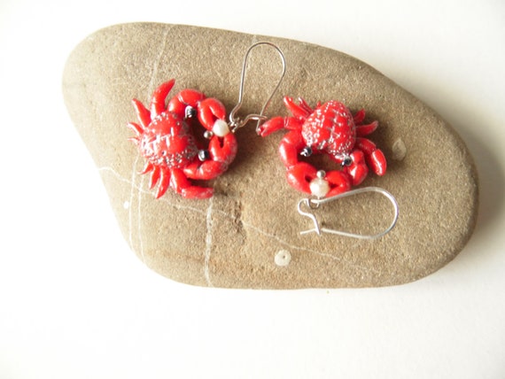 Crab Nautical Polymer Clay Dangle Earrings