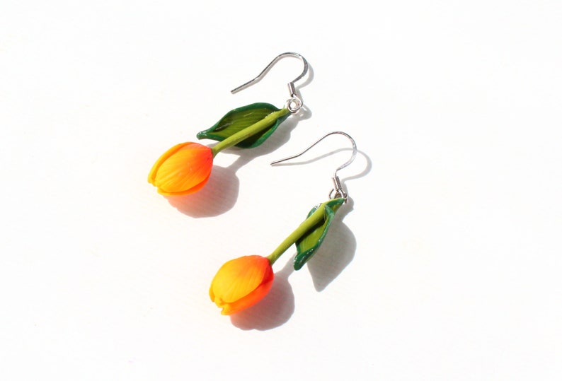 Tulip earrings yellow tulip jewelry polymer clay jewelry yellow flowers gift for her yellow jewelry green jewelry Christmas gift floral jewe image 3