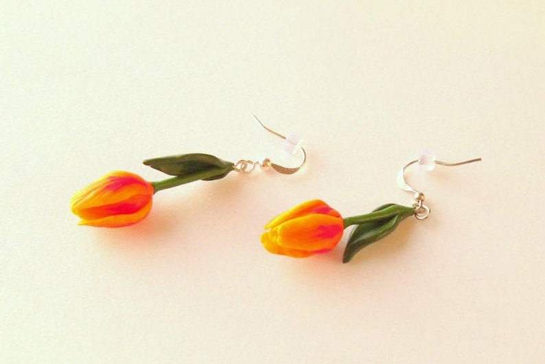 Tulip earrings yellow tulip jewelry polymer clay jewelry yellow flowers gift for her yellow jewelry green jewelry Christmas gift floral jewe image 2