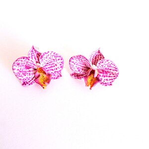 May include: A pair of pink and white orchid flower earrings. The flowers have a spotted pattern and a yellow centre.