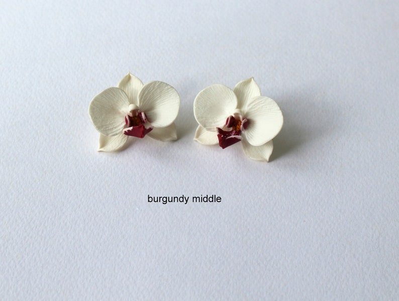 Orchid earrings white orchid jewelry polymer clay jewelry white flower white jewelry floral jewelry flower earrings orchid floral jewelry burgundy