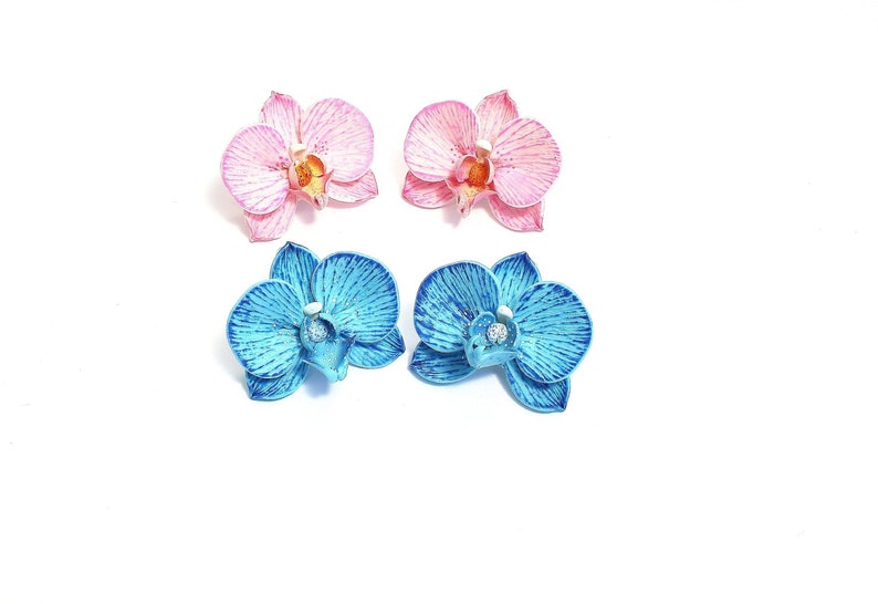 Orchid earrings pink orchid jewelry polymer clay jewelry blue orchid gift for her pink jewelry floral jewelry flower earrings blue jewelry image 1