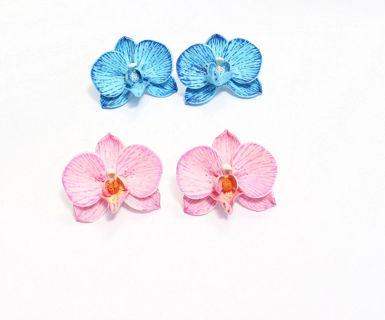 Orchid earrings pink orchid jewelry polymer clay jewelry blue orchid gift for her pink jewelry floral jewelry flower earrings blue jewelry image 5