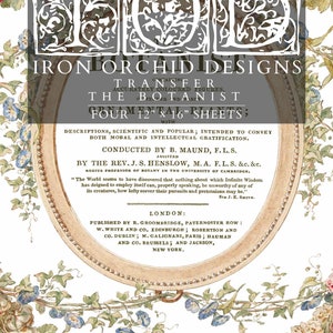 Puede incluir: Impresión botánica vintage titulada "Iron Orchid Designs Transfer" con ilustraciones florales. La impresión incluye texto que describe las figuras botánicas, con dimensiones de hojas de 30,48 cm x 40,64 cm. El diseño está enmarcado con acentos florales y de hojas.