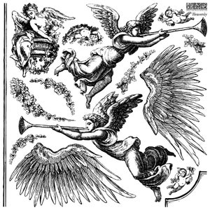 May include: Black and white illustration of angels with wings playing trumpets. The image includes floral details and the text "Heavenly" in a decorative font.