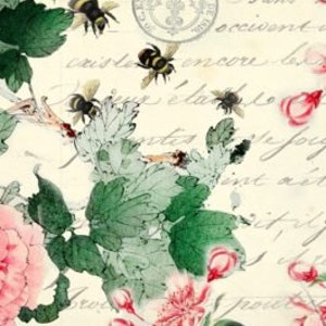May include: Vintage floral background with a handwritten note and multiple bees. The floral design features pink flowers and green leaves. The handwritten note is in French and includes the words "Dans occasion" and "encore bien"