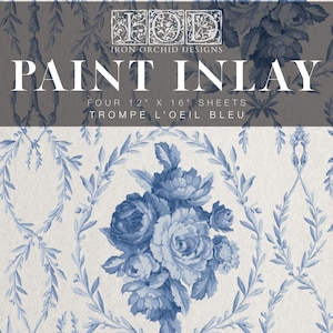 送料無料 - トロンプ・ルイユ・ブルー 12x16インチ ペイントインレイ 4枚セット、Iron Orchid Designs (IOD)