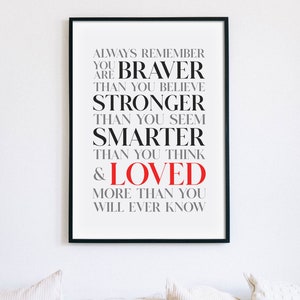 Always Remember You Are Braver Print, Inspirational Poster, Positive Quote Printable Art, Motivational Sign, You Are Loved, INSTANT DOWNLOAD