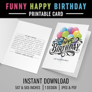 Cartão engraçado de feliz aniversário para imprimir 5x7, 5x5, tipografia retrô, faça-me um favor, finja que escrevi algo, balões coloridos DOWNLOAD INSTANTÂNEO