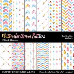 Watercolor Arrows Patterns, 12 Digital Papers (12“x12“), Photoshop Pattern File .PAT Included, Seamless, Commercial Use, INSTANT DOWNLOAD