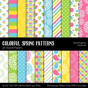 Colorful Spring Patterns, 20 Digital Papers (12"x12"), Photoshop Pattern File . PAT Inclus, Seamless, Utilisation commerciale, INSTANT DOWNLOAD