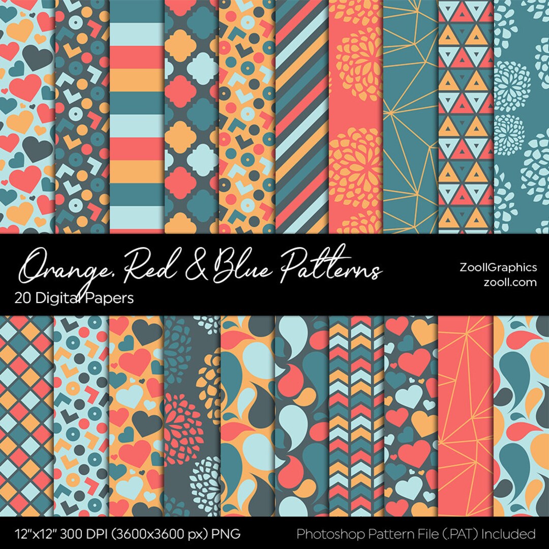 Orange, Red &amp; Blue Patterns, 20 Digital Papers (12“x12“), Photoshop ...