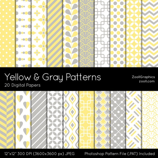 Yellow And Gray Patterns, 20 Digital Papers (12“x12“), Photoshop Pattern File PAT Included, Seamless, Commercial Use  INSTANT DOWNLOAD