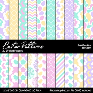 Easter Patterns, 20 Digital Papers 12x12, Easter Eggs, Bunnies, Baby Chicks, PAT File Included, Seamless, Commercial Use, INSTANT DOWNLOAD image 1