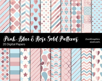 Pink, Blue & Rose Gold Patterns, 20 Digital Papers 12“x12“, PAT File Included, Rose Gold Seamless Paper, Commercial Use, INSTANT DOWNLOAD